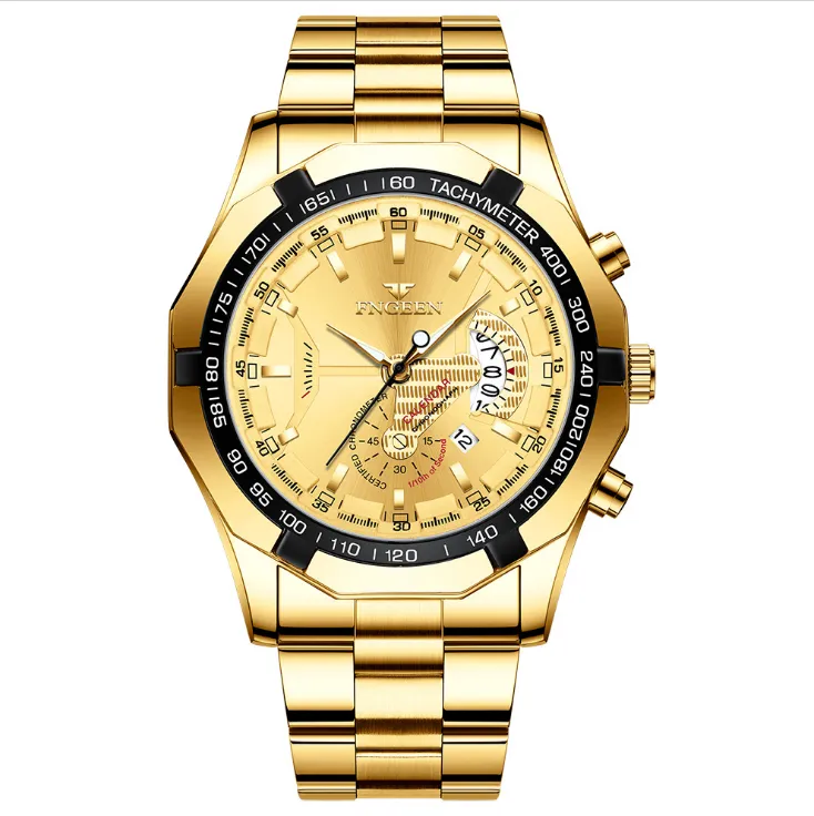 FNGEEN Marke Weiß Stahl Quarz Herrenuhren Kristallglas Uhr Datum 44 MM Durchmesser Persönlichkeit Luxus Gold Stilvolle Mann Armbanduhr204s