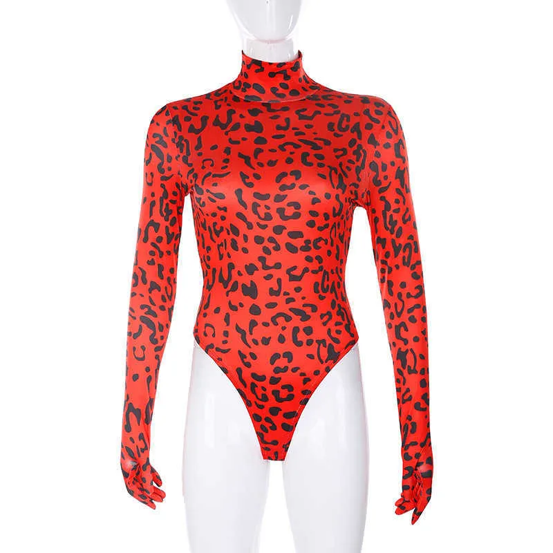 Vintage Kırmızı Leopar Baskı Beltizli Uzun Kollu Sıska Bodysuit, Glovers ile Sonbahar Seksi Parti Küpe Kıyafet Bodycon Vücut Top 210728
