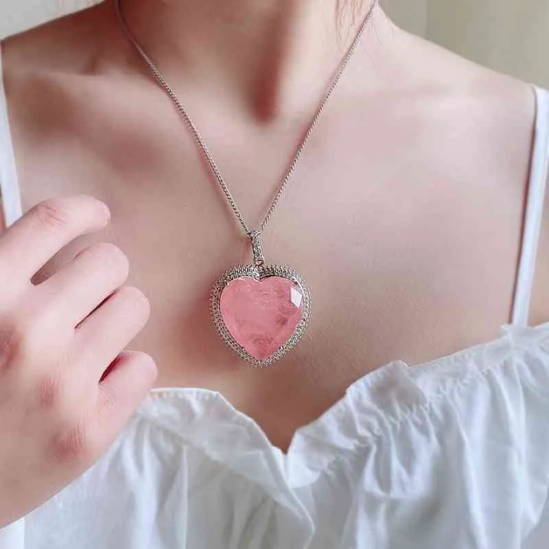 Delicado grande formato de coração rosa topázio colar com pingente de pedras preciosas luxo 925 correntes gargantilha de cristal suéter colares senhoras