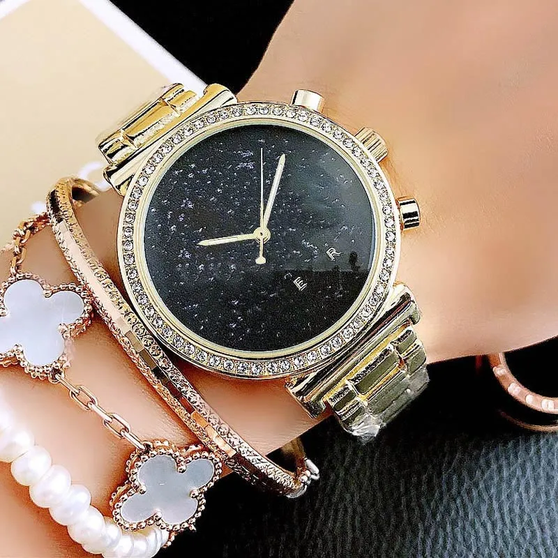Marken-Quarz-Armbanduhr für Damen und Mädchen, große Buchstaben, Kristall, Metall, Stahlband, Uhren M86