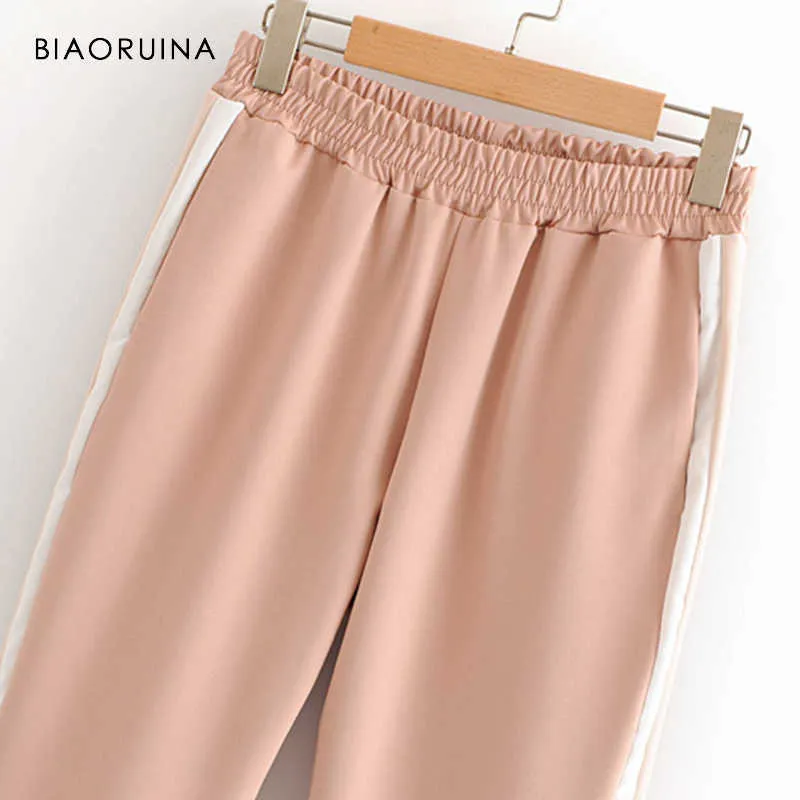 BIAORUINA Women's Fashion Side Striped Elastic Pencil Pants Female Casual All-match Pants Active Wear Women Comfortable Trousers Q0801