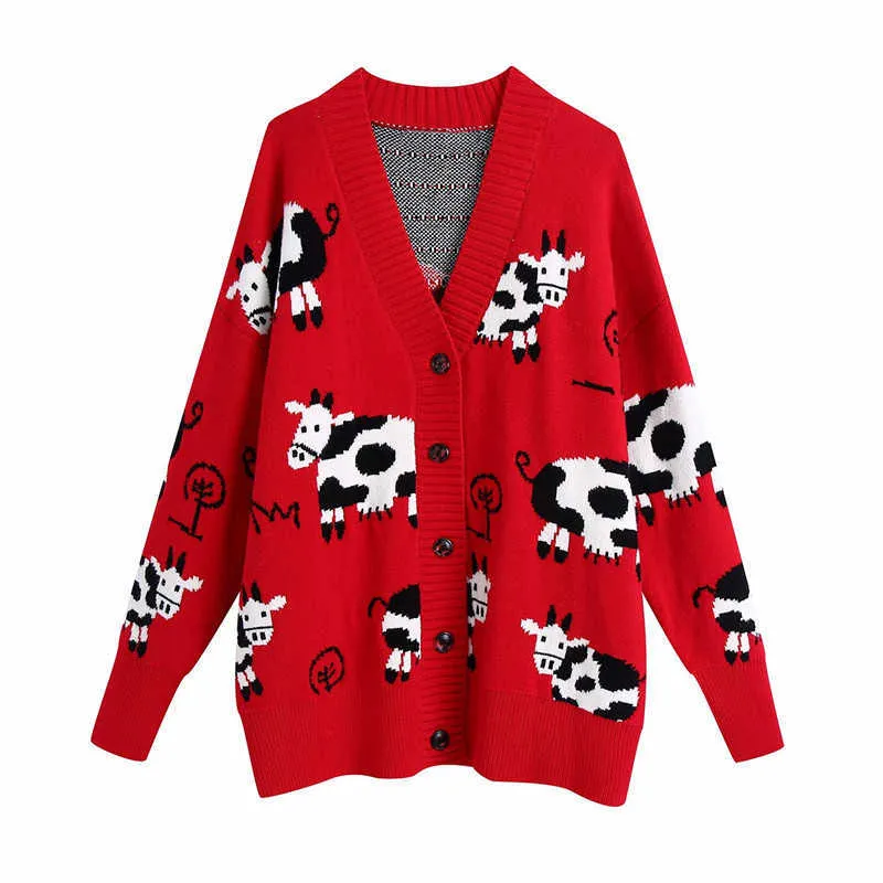 ZA Animal Print Red Knit Cardigan Women Long Sleeve V Neck Loose Cute Sweater Woman Fashion Plus Size Knitted Long Top 210602