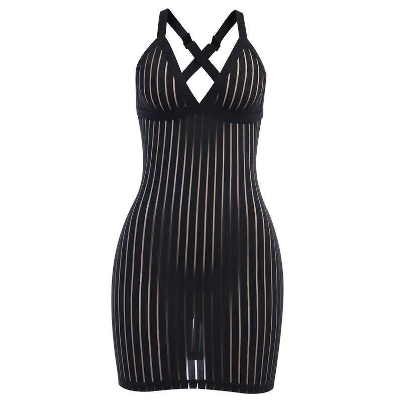 QuanRun Sexy Fashion Women Solid Mesh Perspective Sleeveless Halter Mini Dress Party Club Streetwear Spring Summer 210604