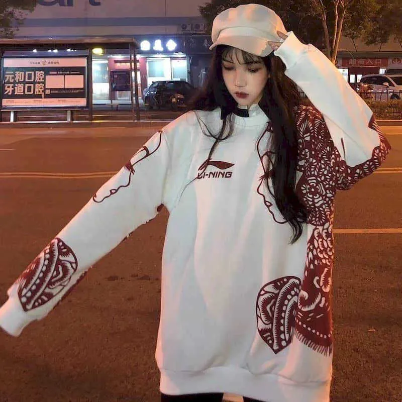 Paper-cut printing sweatshirt women's thin section national quintessence long-sleeved shirt men's couple wear Chinese style tops 210526