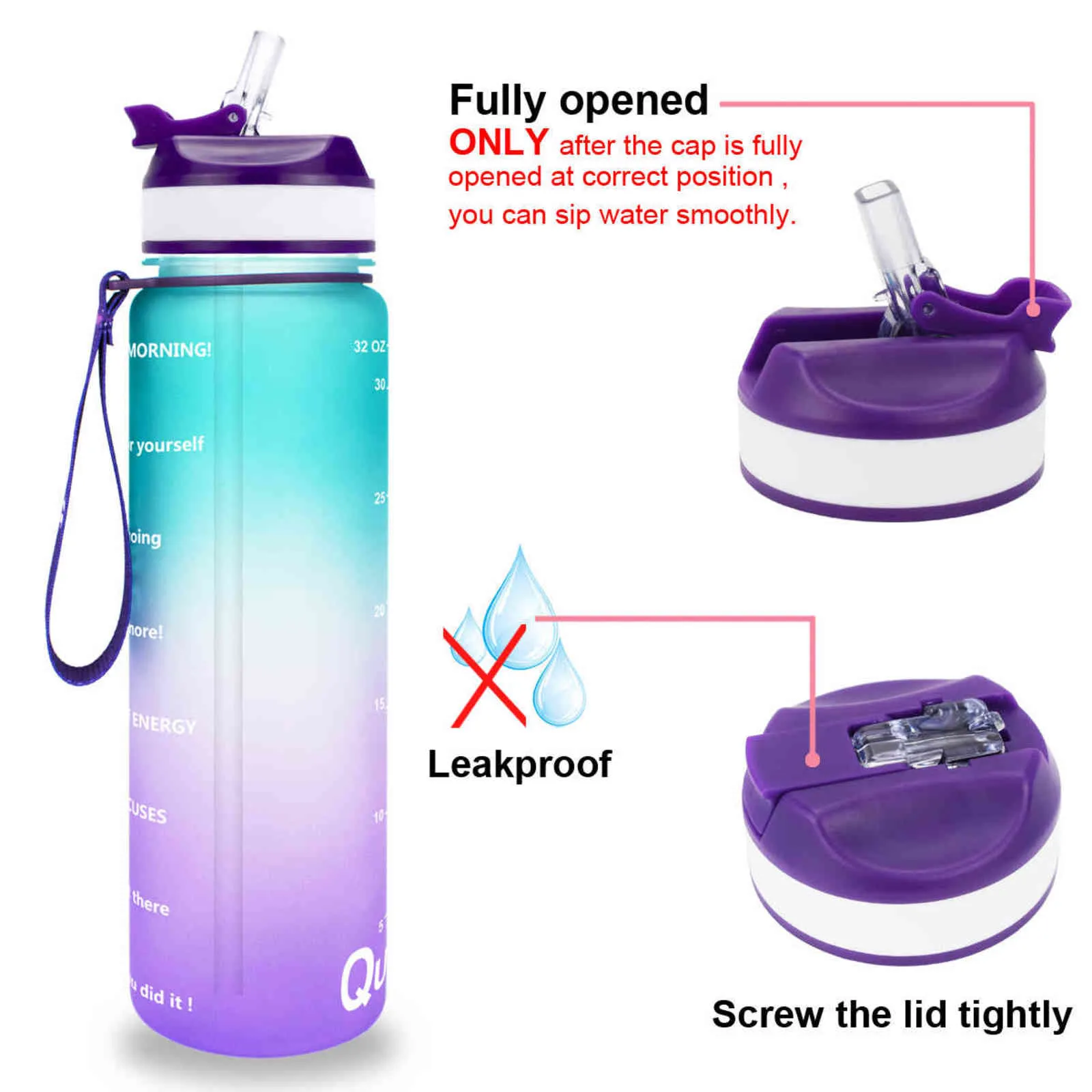 BuildLife Borraccia 1L 32oz Palestra Portatile Bollitore Fitness a Prova di Perdite Tritan con Cannuccia Bottiglie Biciclette Bicchieri Brocche Senza BPA 211122