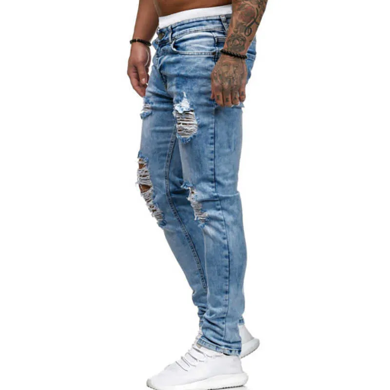 Jean Spodnie Streetwear Hipster Summer Męskie Styl Uliczny Ripped Jeans Casual Denim Zipper Spodnie Mężczyźni Jesień Moda Slim 211011