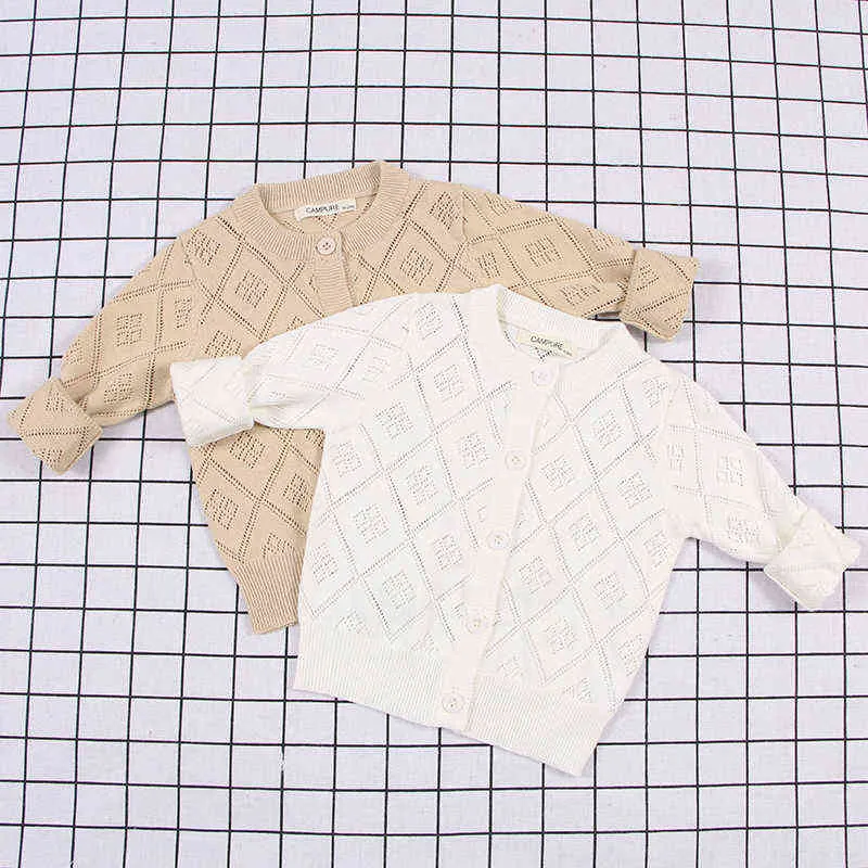 Maglione bambini Autunno Inverno Cardigan lavorato a maglia in cotone Hollow-Out Lattice Baby Top Jacket 1-6Y Retro 211104