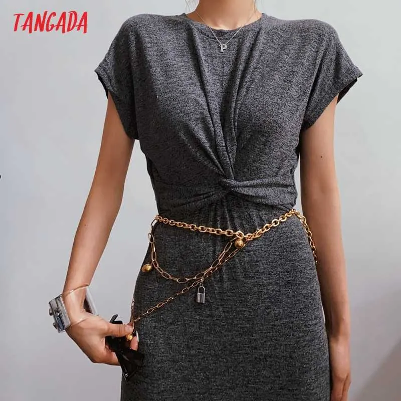 Tangada Mode Femmes Solide Élégant Arc Robe En Tricot À Manches Courtes O Cou Dames Robe Midi 2LK16 210609