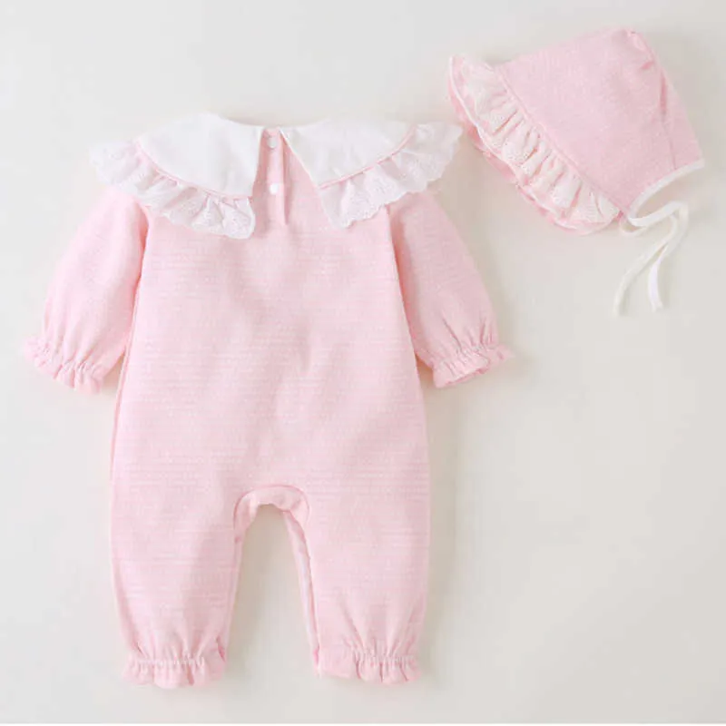 koreanska födda broderi kläder spädbarn båge romer baby tjejer boutique kläder barn halv födelsedag rompers med hatt 210615