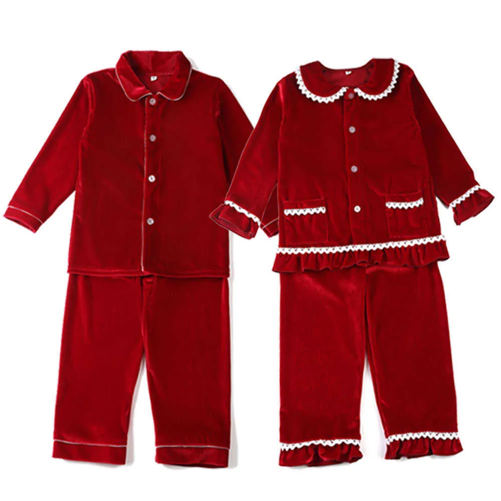 Winter Boutique Tessuto in velluto Rosso Abbigliamento bambini Pjs con pizzo Bambino Ragazzi Set Pigiama Ragazza Baby Sleepwear 210908