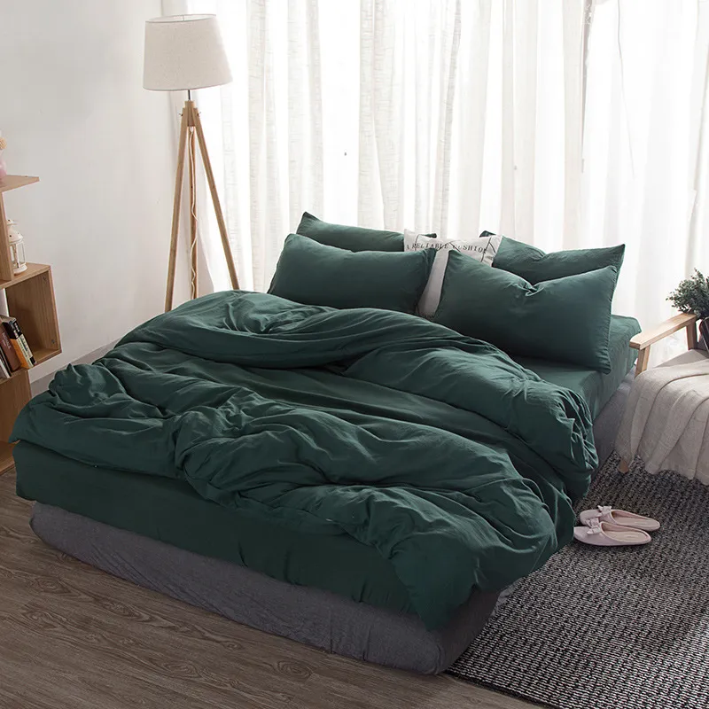 Nordic Simple Solid Bedding Set Adult Duvet Cover Sheet Linen Soft Washed Cotton Polyester Twin Queen King Green Blue Bedclothes 210309