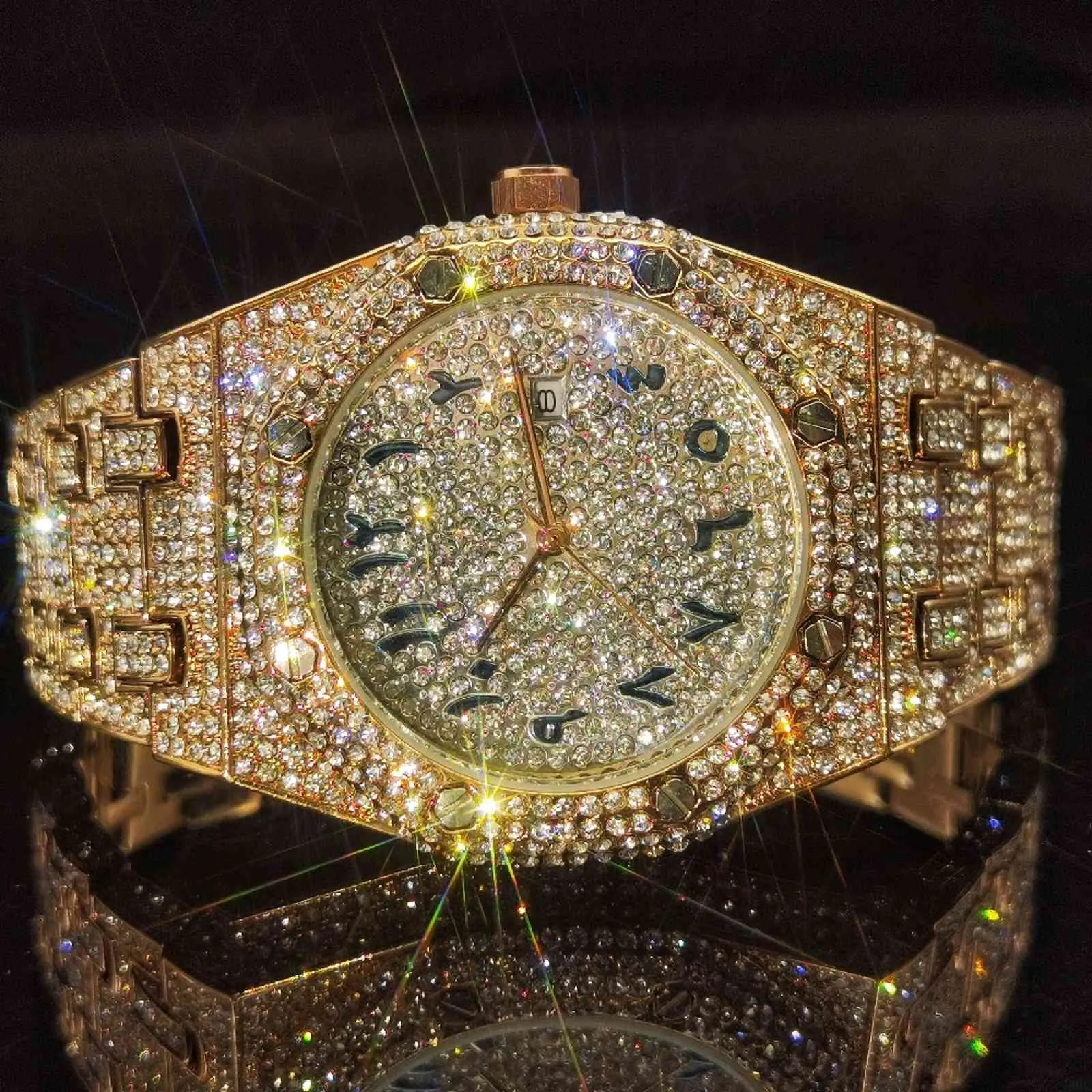 MISSFOX Arabic Numerals Man Watches Rose Gold Quartz Full Diamond Luxury Wristwatch Men Relógio Masculino Hiphop Stainless Steel