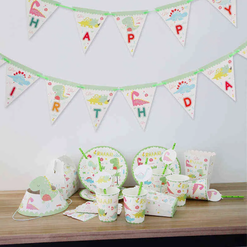 Dinosaur Theme Party Servies Set Papier Plaat Cup Servet Banner Dino Gelukkige 1e Verjaardag Party Decoratie voor Kinderen Jongens 211216