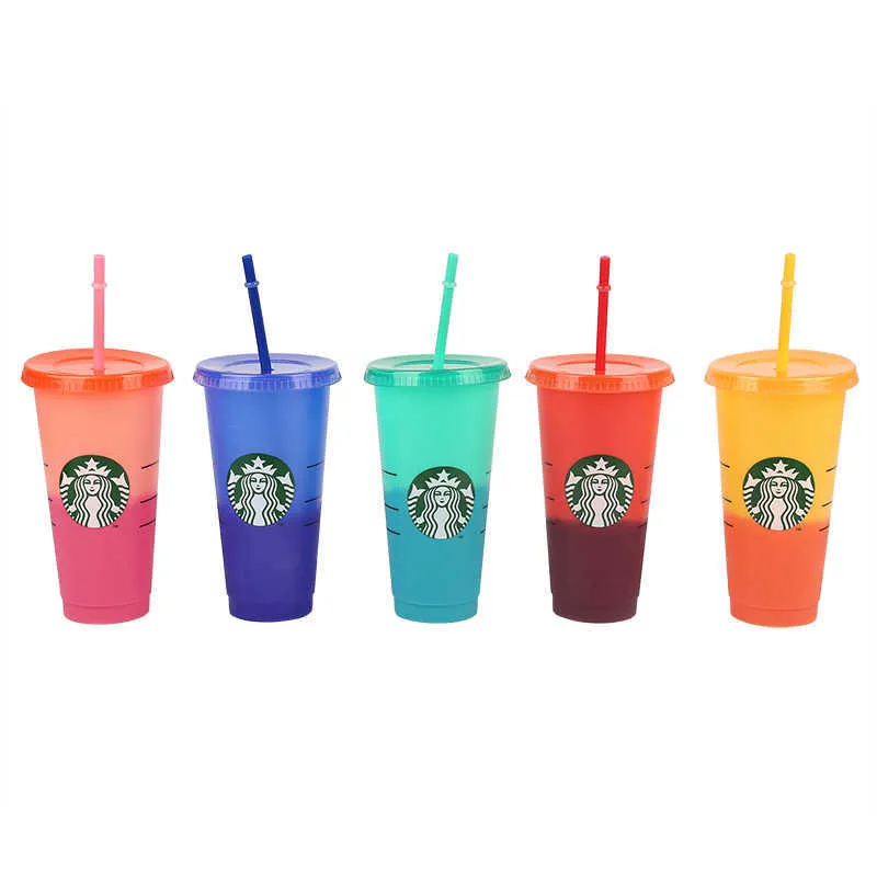 Starbucks färgbyte koppar färg återanvändbar kopp tumbler med lock kall koppar plast kopp sommar samling Starbucks