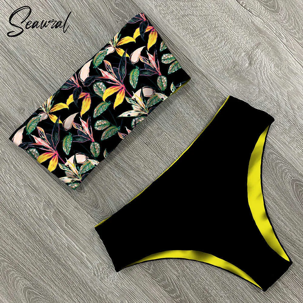 Sexy Low Hight Bikini Set Costumi da bagno Donna Bandeau Stampa femminile Costume da bagno con cinturino floreale Costume da bagno Abbigliamento da spiaggia Biquini 210702