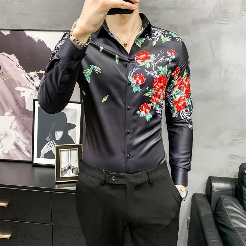 Fashion Floral Shirts Men Streetwear Casual Shirt Long Sleeve Slim Fit Social Blouse Party Nightclub Men Clothing Chemise Homme 210527