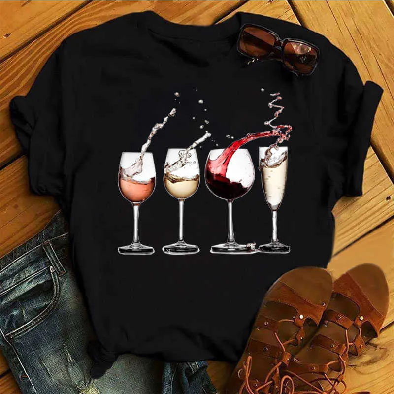 Vrouwen T-shirt Wijnglas en Nali Art Hart Print Zwart T-shirt Vrouwelijke T-shirt Mode Korte Mouw Tee Tops Harjauku leuke T-shirt X0628