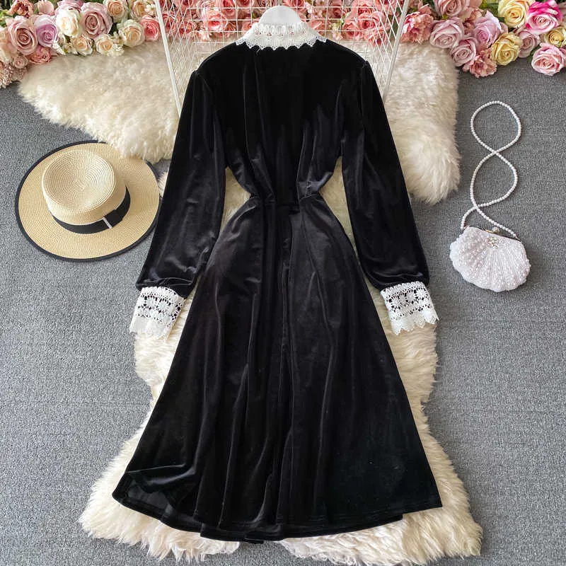 LY VAREY LIN printemps automne femmes noir simple boutonnage à manches longues robe col Vintage dentelle Patchwork velours 210526