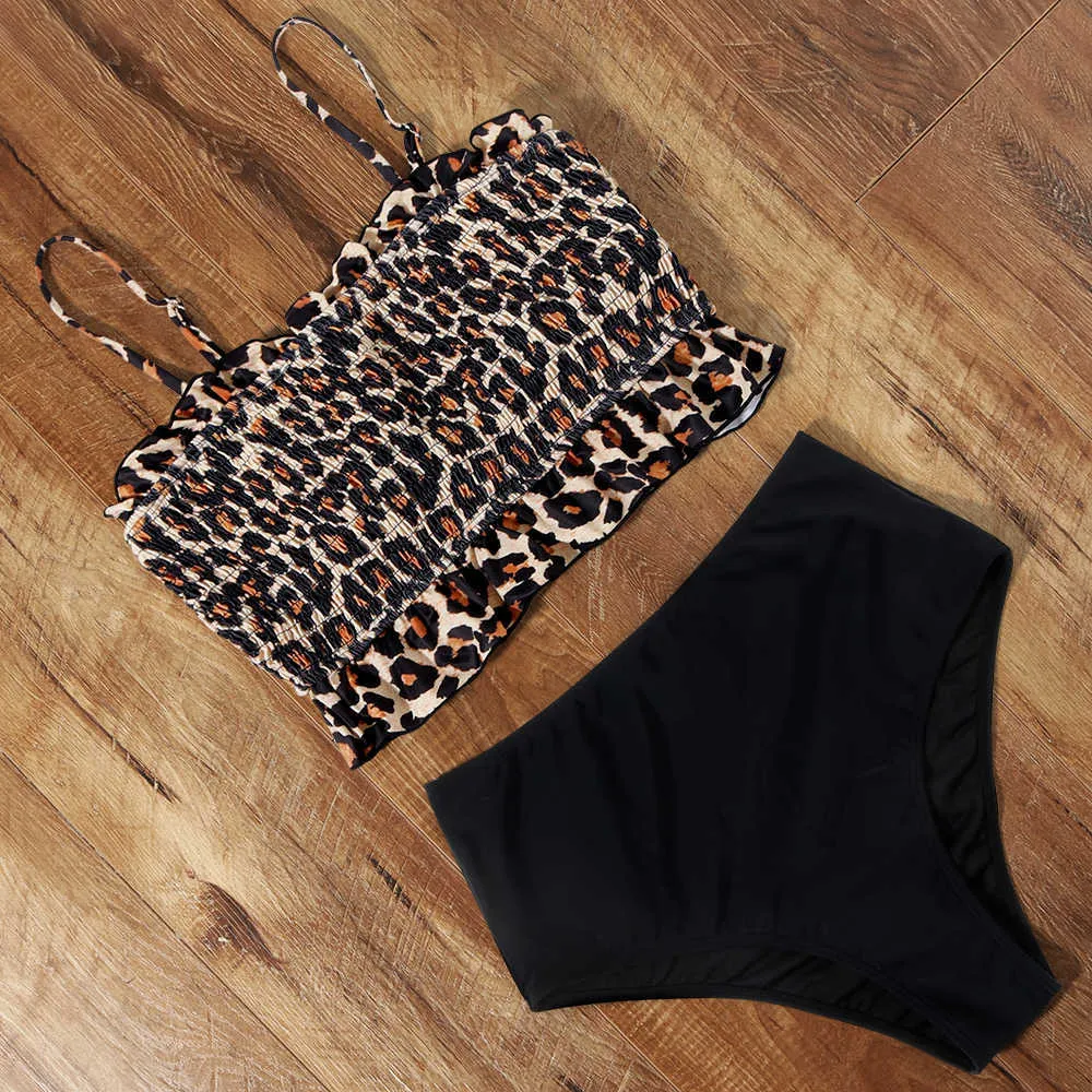 Bikini badkläder kvinnor baddräkt smocked leopard vadderad hög midja bandeau baddräkt biquini sexig 210621