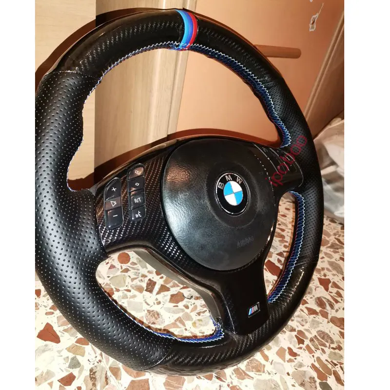 Cobertura de volante de fibra de carbono 5D com furo preto costurado à mão para BMW E46 E39 330i 540i 525i 530i 330Ci M3 2001-2003
