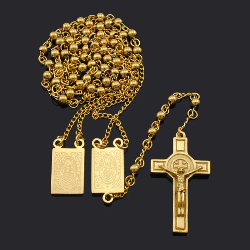 Atgo rosário contas jesus cruz religioso colar de aço inoxidável das mulheres dos homens corrente para homem brn18250n