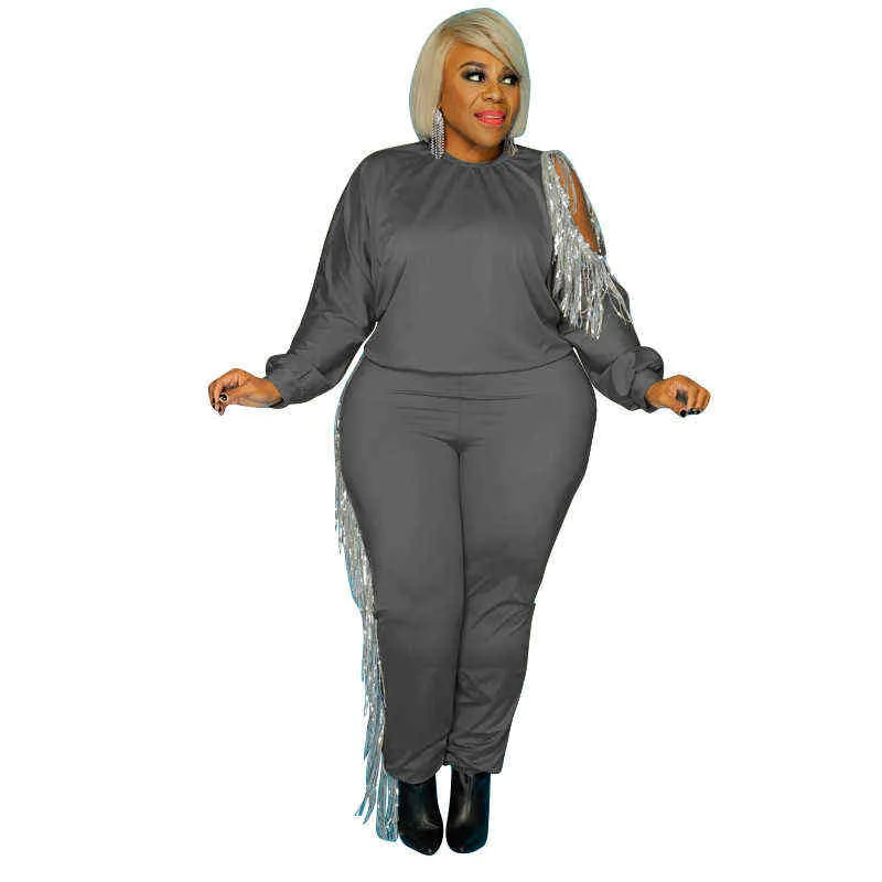 Plus Size Wall Roupas XL-5XL Set Mulheres Tassel Sweatsuits Stretch Solid Jogger Outfit Tracksuit Atacado Drop 211106