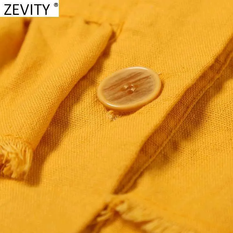 Zevity Femmes Vintage Cascade Poches à volants Patch Chemise jaune Manteau Femme Manches longues Veste à poitrine unique Chic Tops CT700 210603