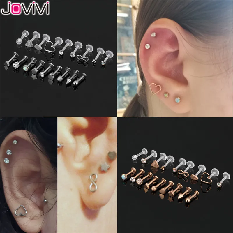 Jovivi 18 pièces en acier inoxydable acrylique Labret Monroe Helix anneau oreille clou à lèvres clous corps Piercing bijoux 16Ga