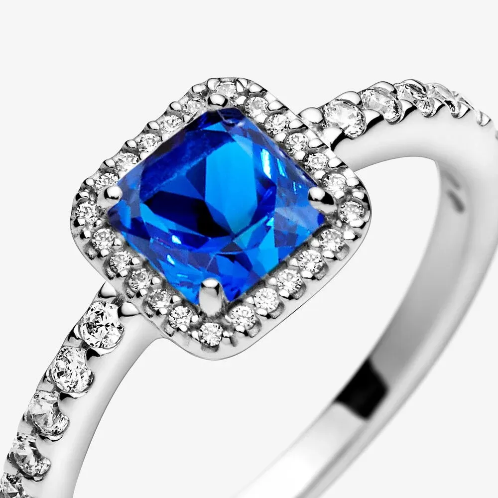 Nieuwe Merk 100% 925 Sterling Zilver Blauw Vierkant Sparkle Halo Ring Voor Vrouwen Trouwringen Mode Jewelry289d