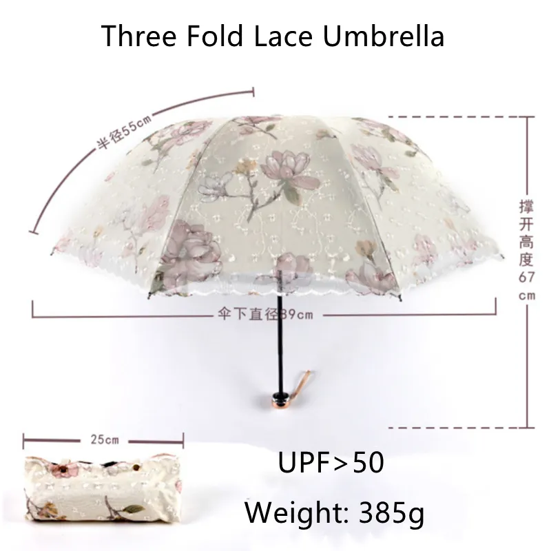 Trois plis Pluie Paraguas Mujer Parasol Broderie Dentelle Conception Coréenne Protection UV Parapluie Soleil pour Femmes