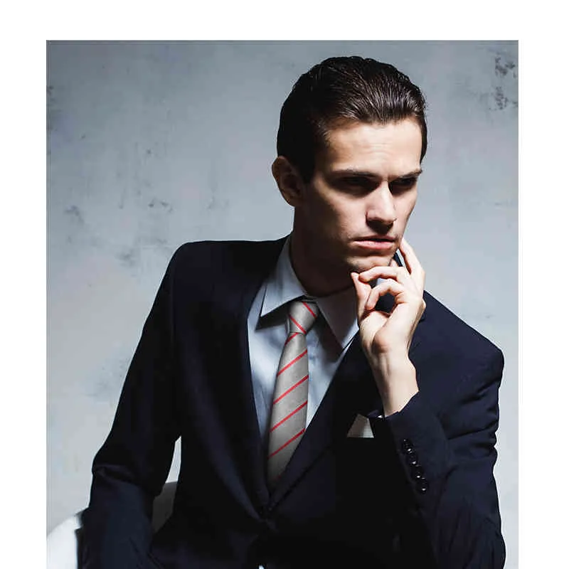 Cravate de luxe à rayures argentées pour hommes, 7 CM, Design de marque d'affaires de mariage, costume à la mode, cravate en soie et Polyester avec boîte-cadeau