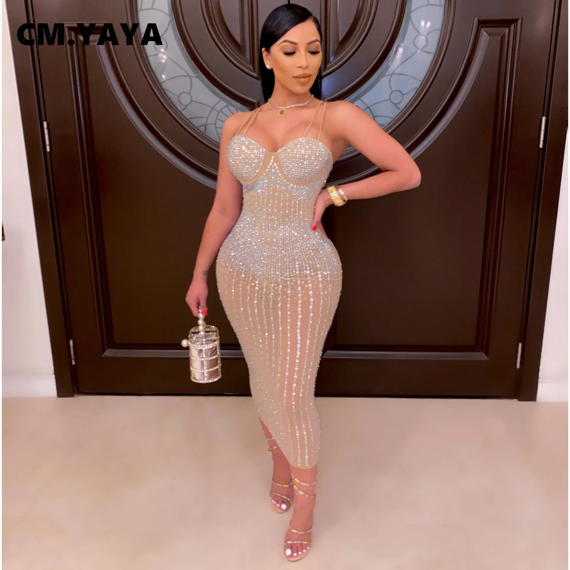 Cm.Yaya Mesh Se även Hot Rhinestones Plunge V-Neck Midi Bodycon Dress For Women Sexy Club Party Dresses Pencil Vestidos 210303