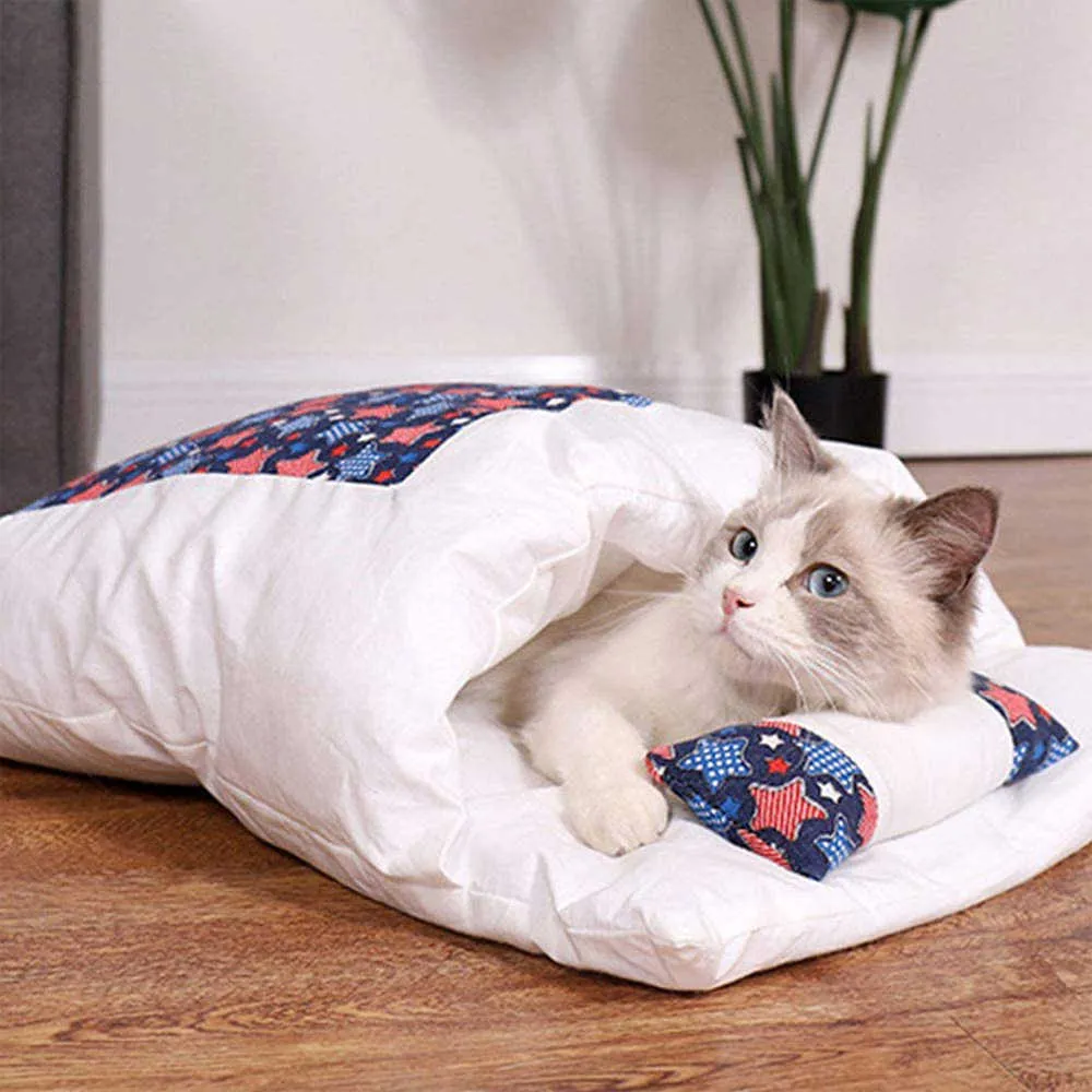 Animal de compagnie chat couette quatre saisons sac de couchage universel chaud mobile maison grotte lit confortable avec oreiller accessoires 211006