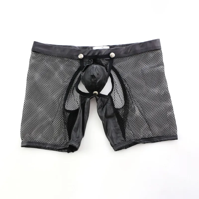 AIIOU Sexy Mesh Herren Homosexuell Unterwäsche Boxer Homme Kunstleder Open Crotch Pouch Shorts Männer Transparent Boxer Ass Free Gay Cueca 210310