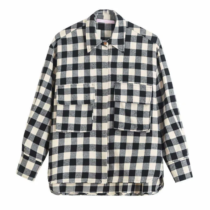 Za Long Plaid Shirt Kvinnor Långärmad Asymmetrisk Frayed Hem Office Lady Shirts Kvinna Chic Plus Storlek Lös Casual Top 210602