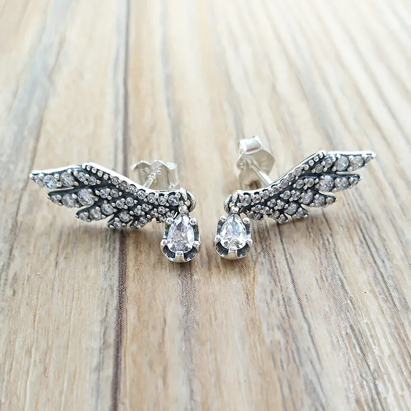 Autentisk 925 Sterling Silver Pandora Dangling Angel Wing Stud Örhängen Lyxig för Kvinnor Män Tjej Valentinsdag Födelsedagspresent 298493c01