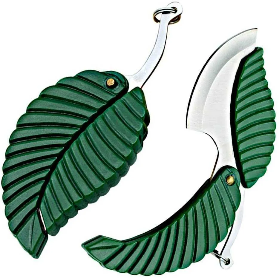 Grön Mini Folding Pocket Kniv Leaf Shape Styling Keychain Kniv Utomhusläger Fruktkniv Camping Vandring Överlevnadsverktyg DHJ19