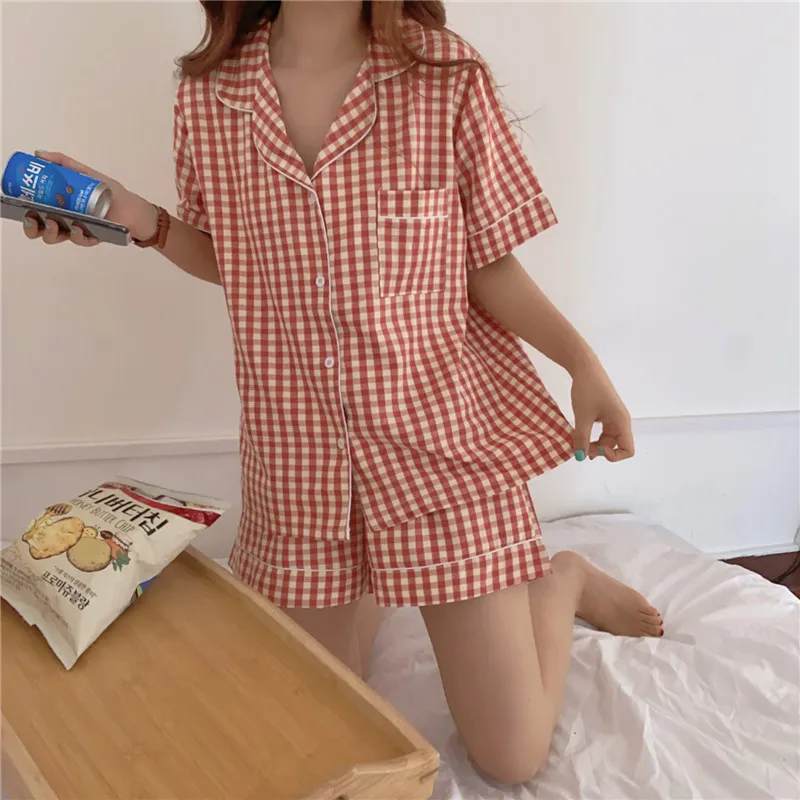 Stijlvolle rode zomer vrouwen grote afmeting plaid korte mouwen nachtkleding allemaal match losse pyjama sets Home Clothe 210525