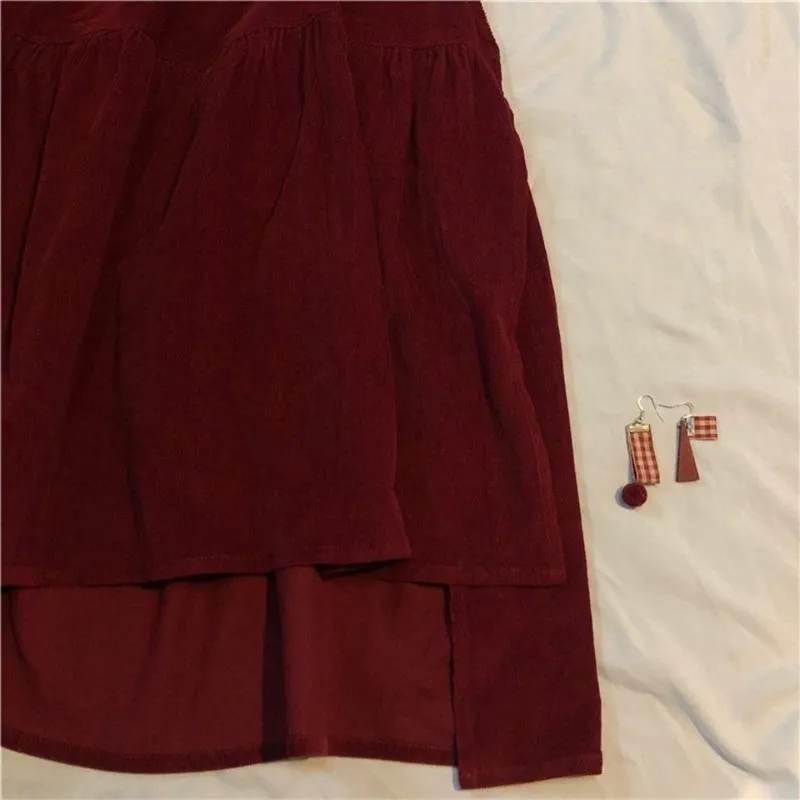 Grande taille automne hiver jupe en velours côtelé femmes Vintage vin rouge Midi jupes longues femme élastique taille haute une ligne jupe plissée 210309