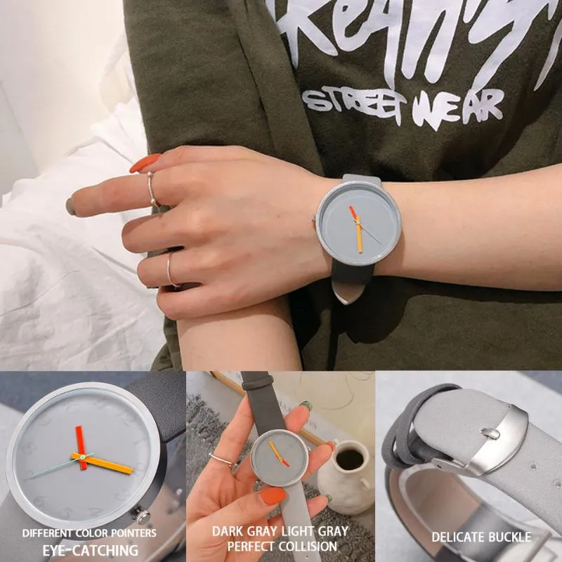 Wristwatches Frauen Uhr Grau Kontrast Leder Quarzuhr طريقة Uhren Liebhaber للجنسين Damen Armblanduhr Relogio feminino246z