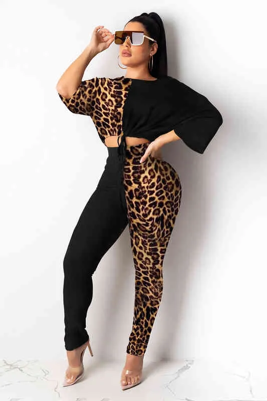 Fashion Leopard Print Short Sleeve Suit Womens Full Length Outfit Autumn Women Casual Clothing Sets