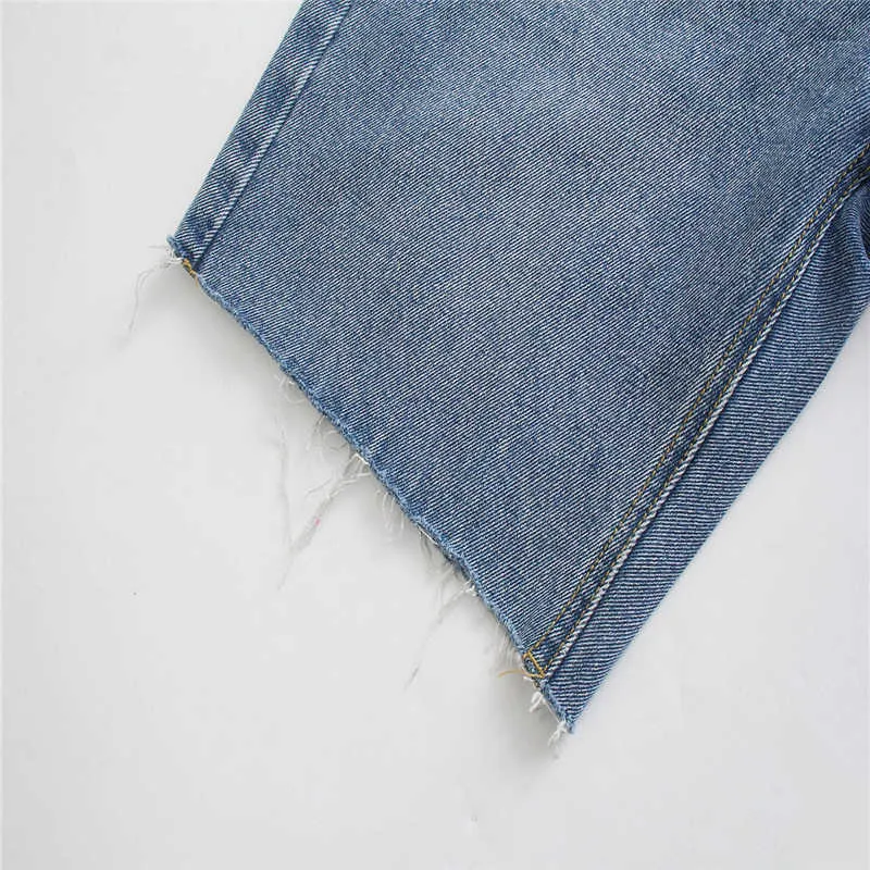 Za sommar rippade denim shorts kvinnor hög midja oavslutad ben vintage jeans mode framknapp kvinna blå korta byxor 210602