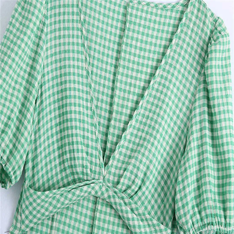 Za wyciąć kratę zieloną sukienkę kobiety krótkie rękaw puff seksowne lato długie sukienki szykowne plecy split kobiety rocznika sukienka plażowa 210602