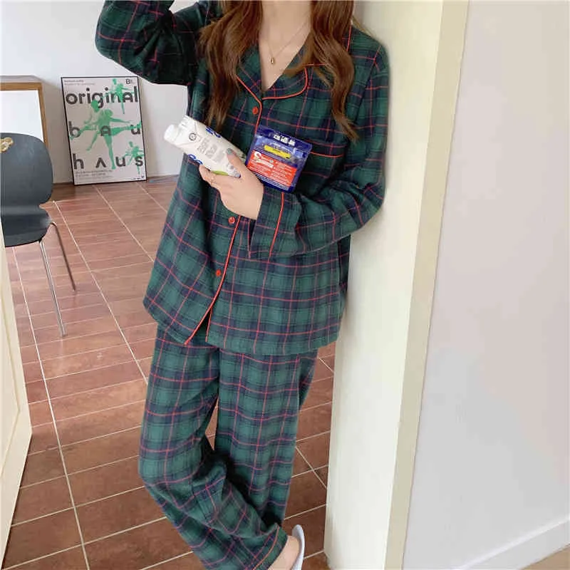 Vår två bitar kostym Cardigans Casual Plaid Koreansk Nightwear Sweet Soft Forewear Loose Fashion Pajamas Sets 210525