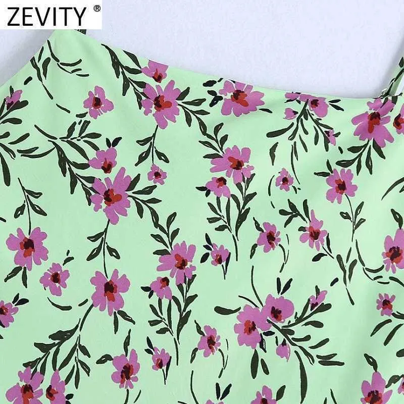 Zevity Wome Fashion Leaves Flower Print Sling Mini Dress Female Chic Backless Button Up Spaghetti Strap Slim Vestidos DS8319 210603
