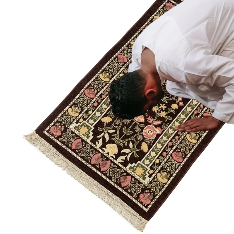 携帯イスラム教徒の祈りの敷物厚いイスラムトルコのシェニール祈りマットヴィンテージの花の葉の葉のパターン編まれたタッセルブランケット220301