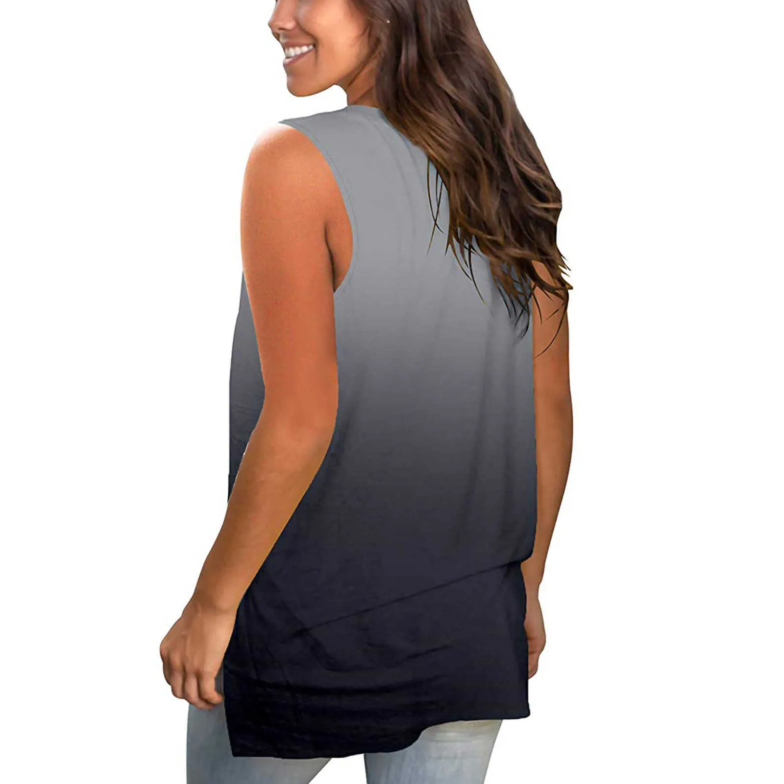 女性の夏のタンクトップスレディースカジュアルグラデーションカラールーズVネックプリントTシャツトップスフローラルプリントノースリーブTシャツFemme Y0824