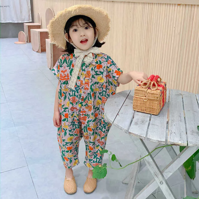Девушки комбинезон одежды Летнее цветочные комбинезоны Повседневные Японии Корейский Palysuit Детская Детская Одежда 210625