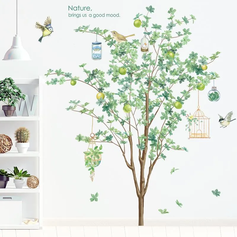 Naklejki ścienne Big Tree Birch zielone liście naklejki salon sypialnia ptaki domowe plakat plakat tapeta dekoracja pvc267s