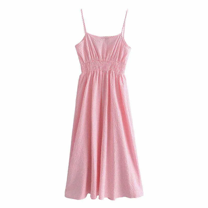 Za розовые gingham длинные платья женщины, удаленные упругие плиссированные элегантные платья без рукавов ремни винтажное летнее платье 210602